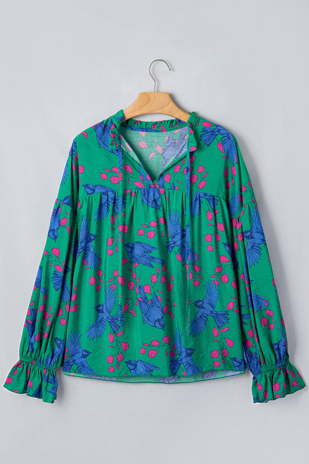 Abstract Floral Bird V-Neck Flounced Puff Sleeve Blouse