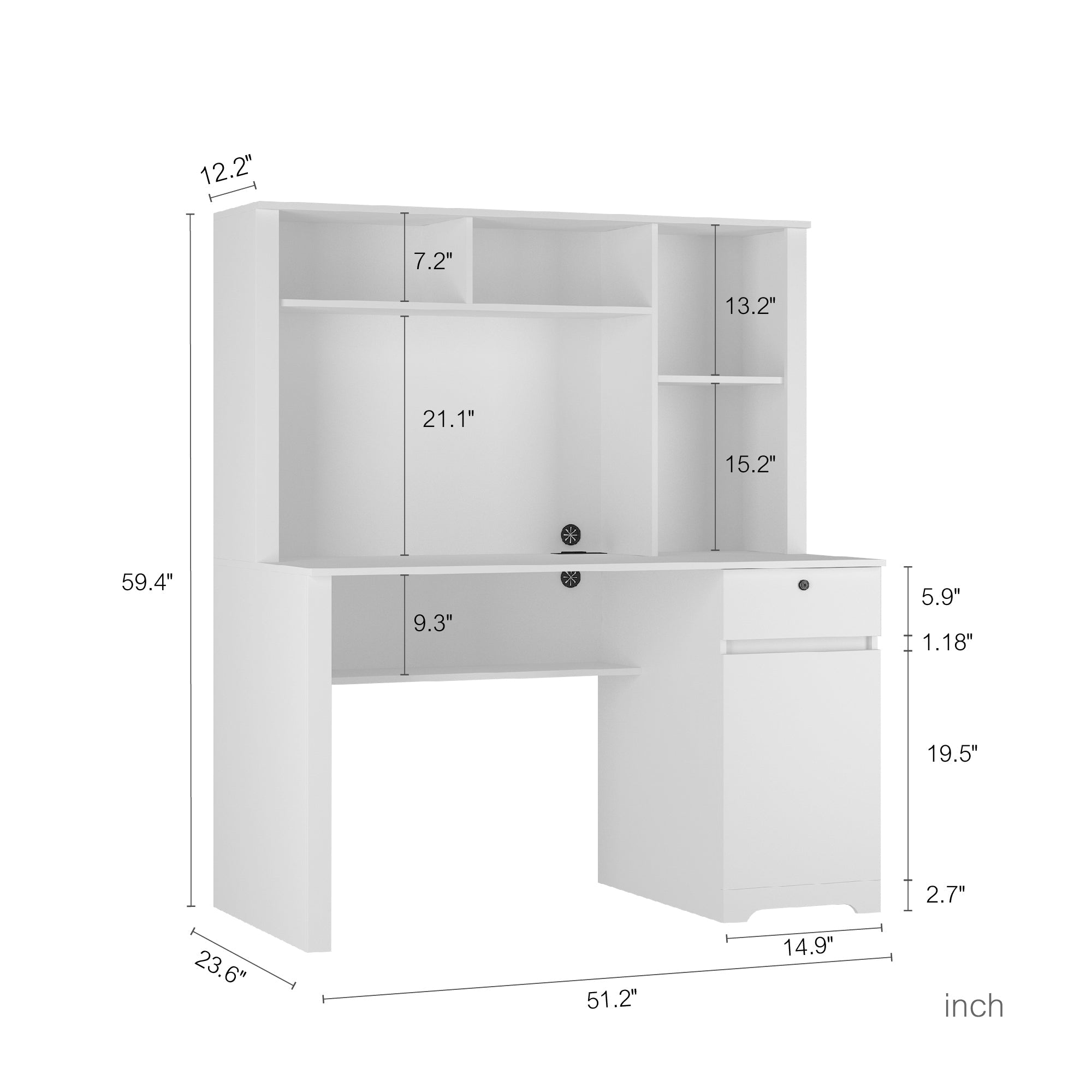Modern Wooden Computer Desk with Hutch & Bookshelf, White Home Office Desk with Drawers, 3 AC Outlets, 2 USB Ports