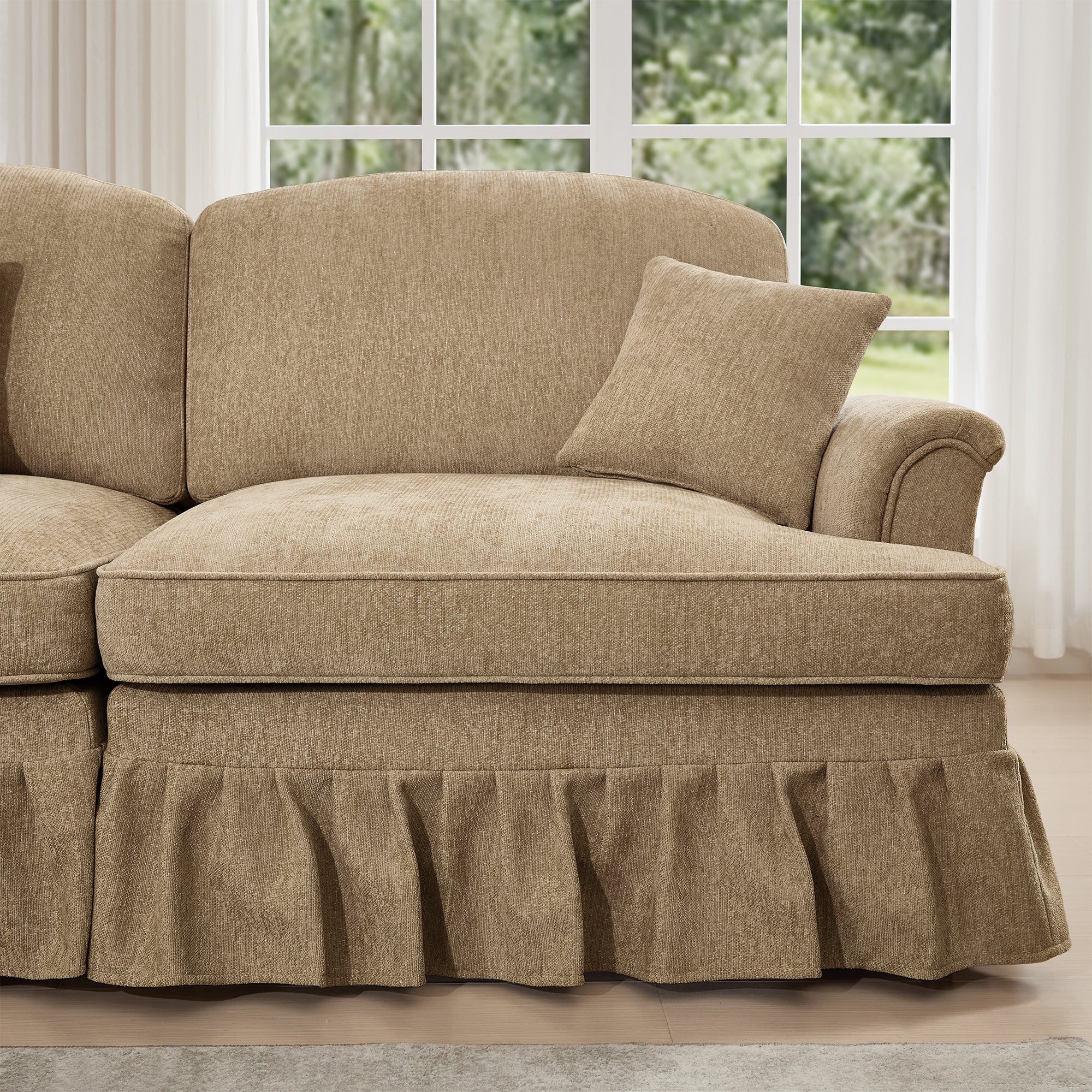 Classic U Shape 4 Seater Modular Sectional Sofa Couch with Flared Arms and Removable Ruffles Pleats Skirts and Spindle Legs, Chenille Deep Seat Cloud Sofa with Movable Ottomans, Light Coffee