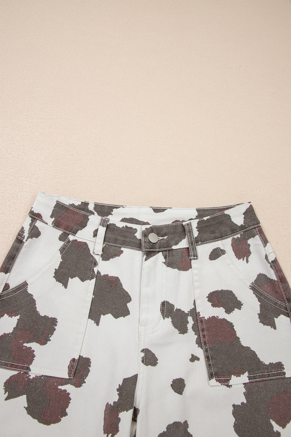 Western Cow Spot Cargo Pocket Straight Leg Jeans