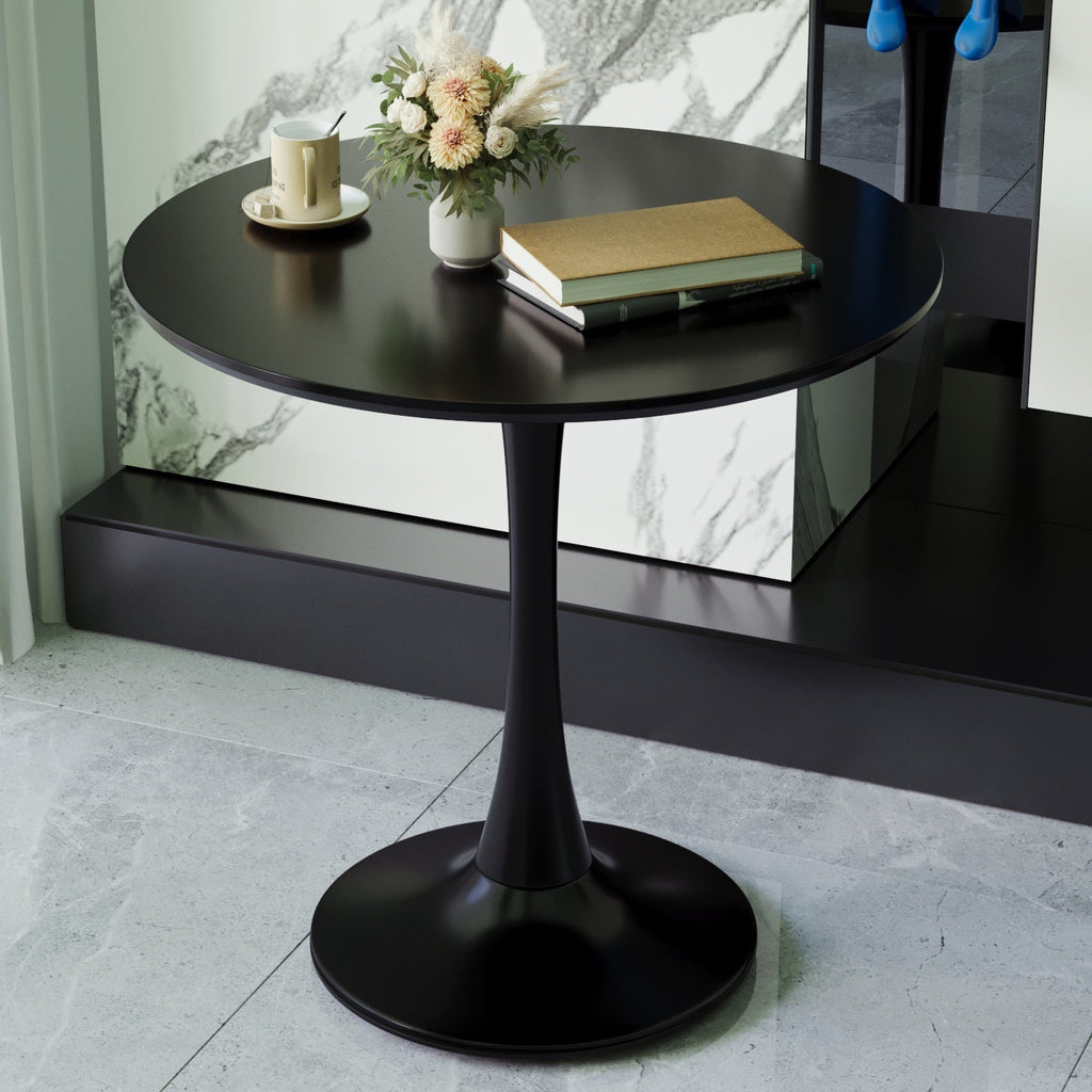 Mid-Century Black Round Dining Table with MDF Top & Pedestal Base for 2-4 People