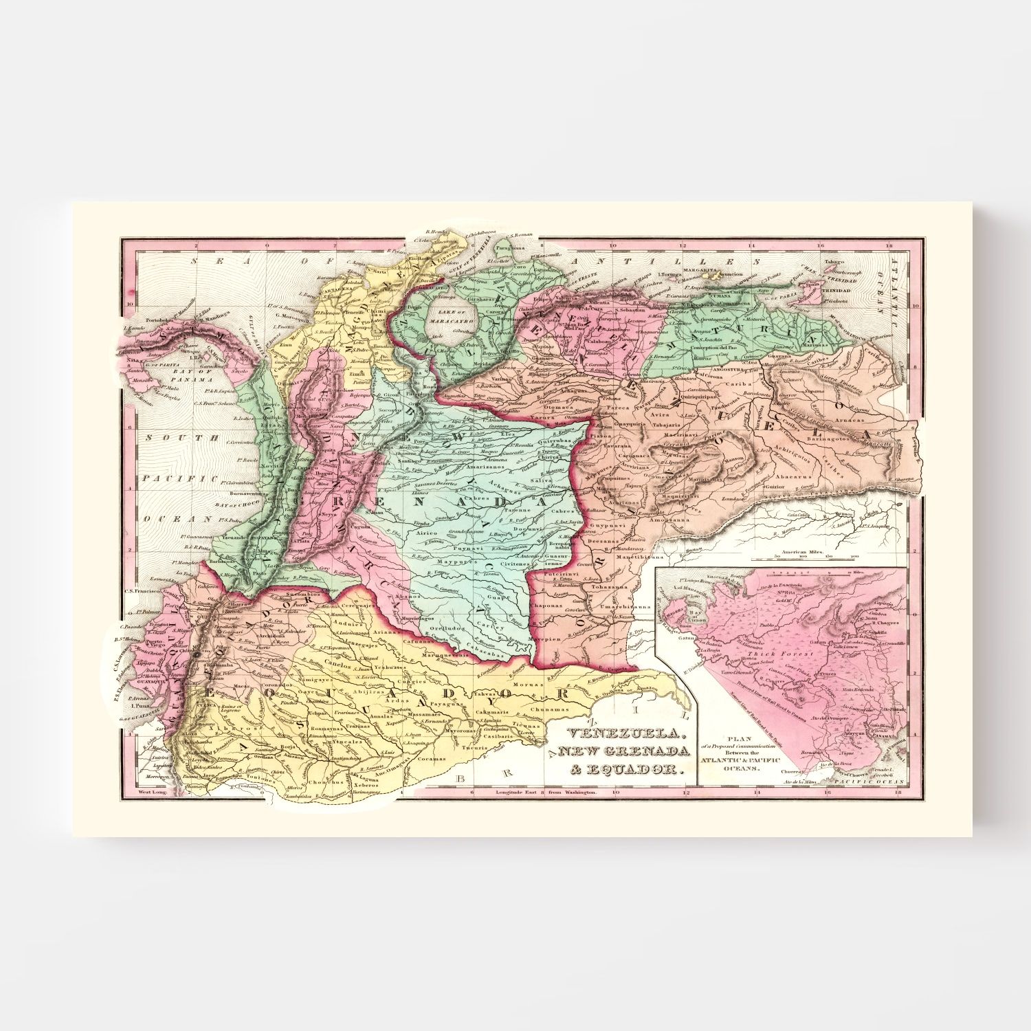 Vintage Map of Colombia, Venezuela And Ecuador 1842