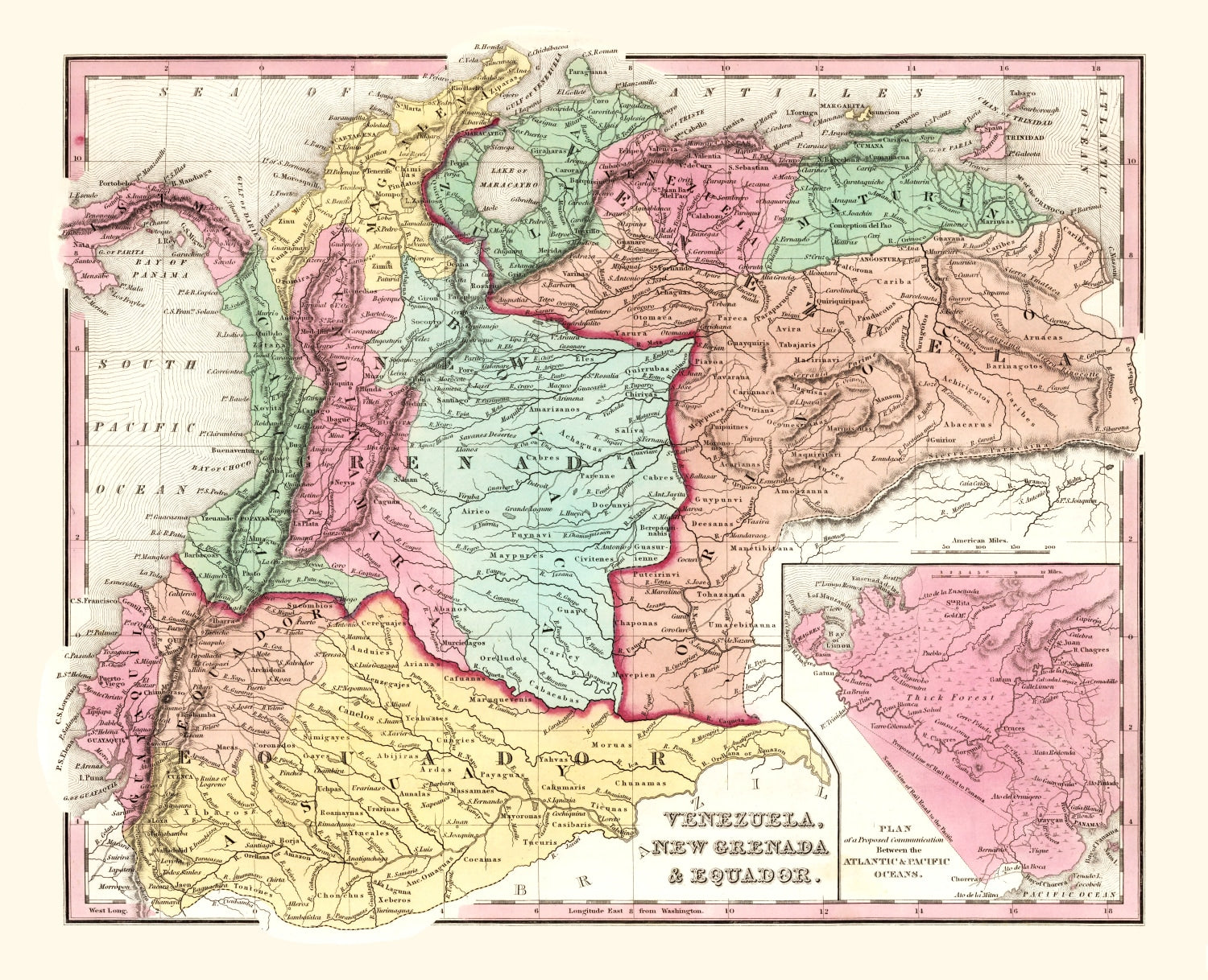 Vintage Map of Colombia, Venezuela And Ecuador 1842