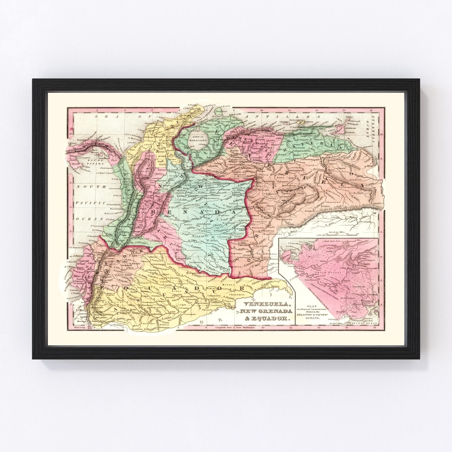 Vintage Map of Colombia, Venezuela And Ecuador 1842
