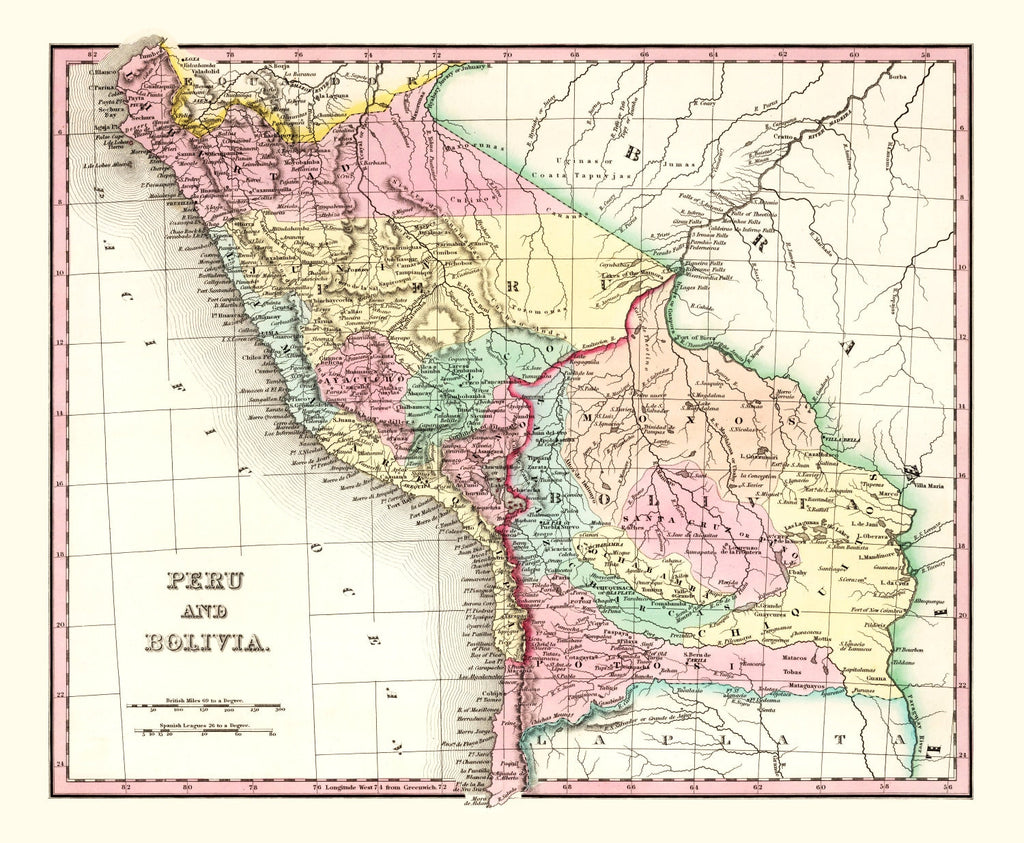 Vintage Map of Peru & Bolivia 1842