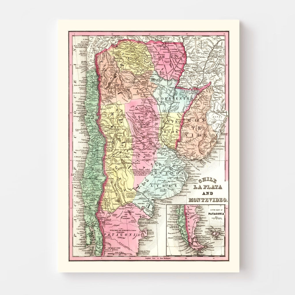 Vintage Map of Chile, Argentina And Uruguay 1842