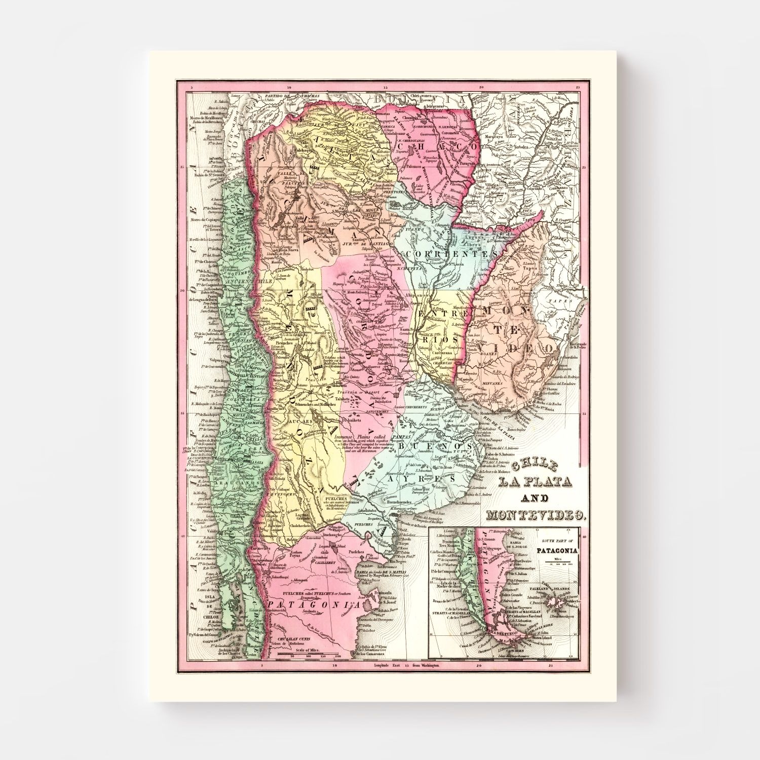 Vintage Map of Chile, Argentina And Uruguay 1842