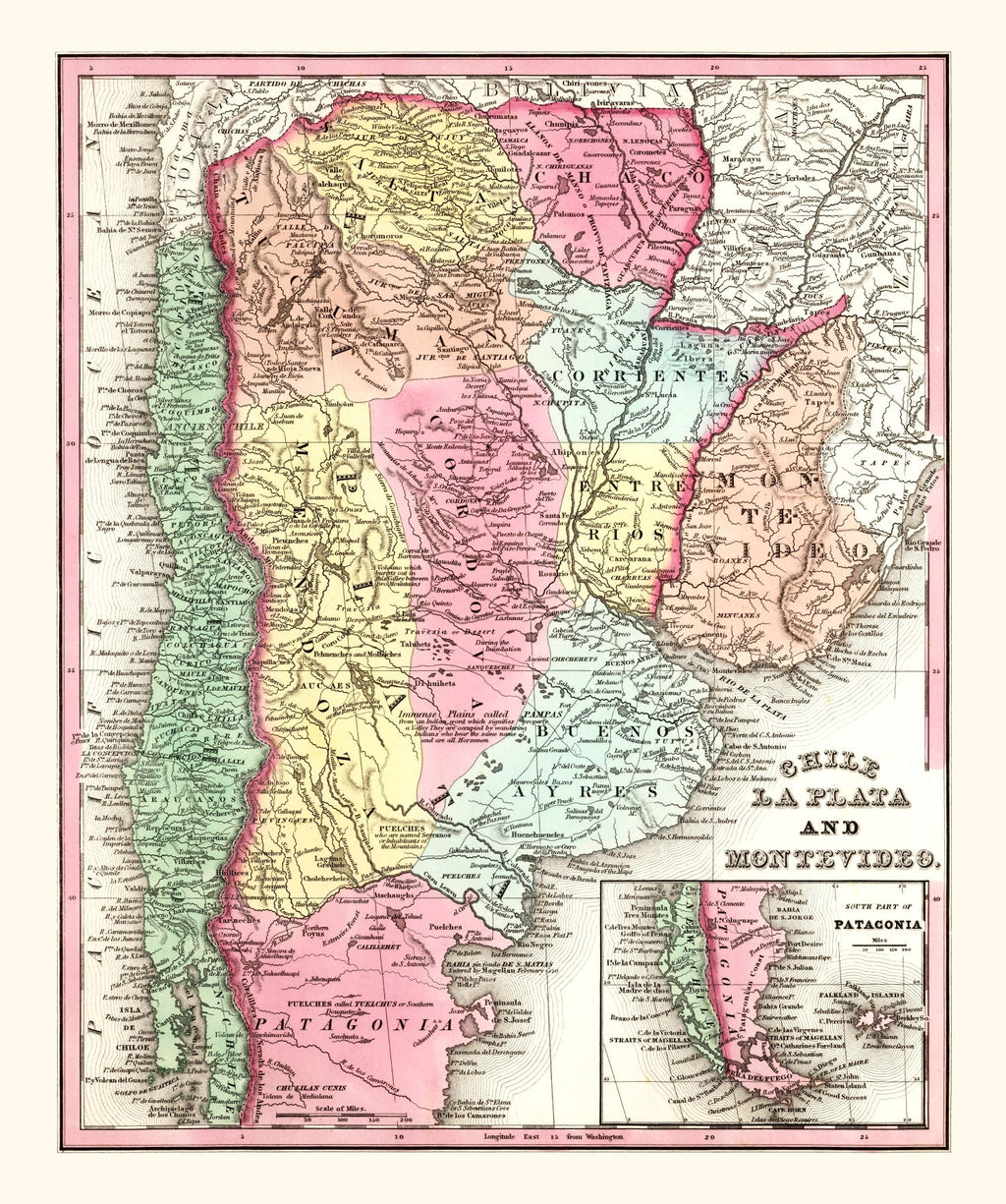 Vintage Map of Chile, Argentina And Uruguay 1842