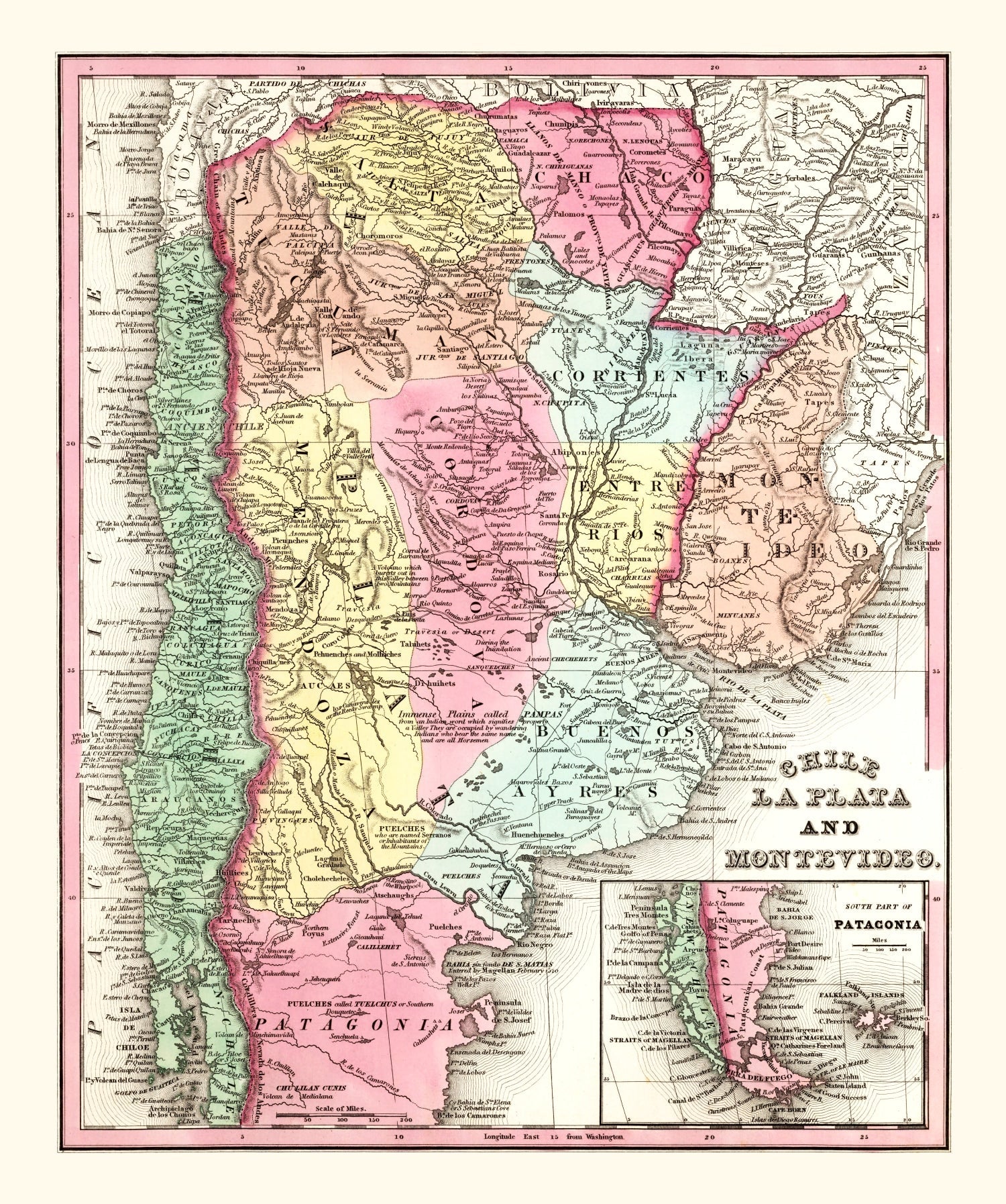 Vintage Map of Chile, Argentina And Uruguay 1842