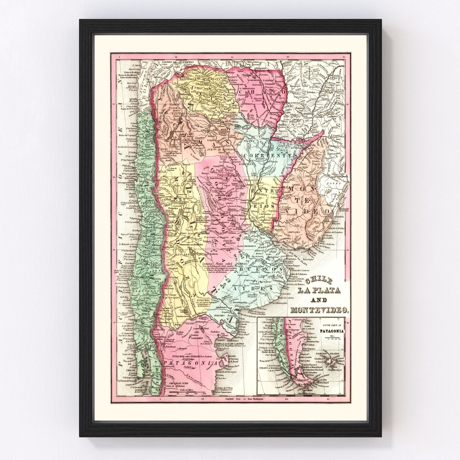 Vintage Map of Chile, Argentina And Uruguay 1842