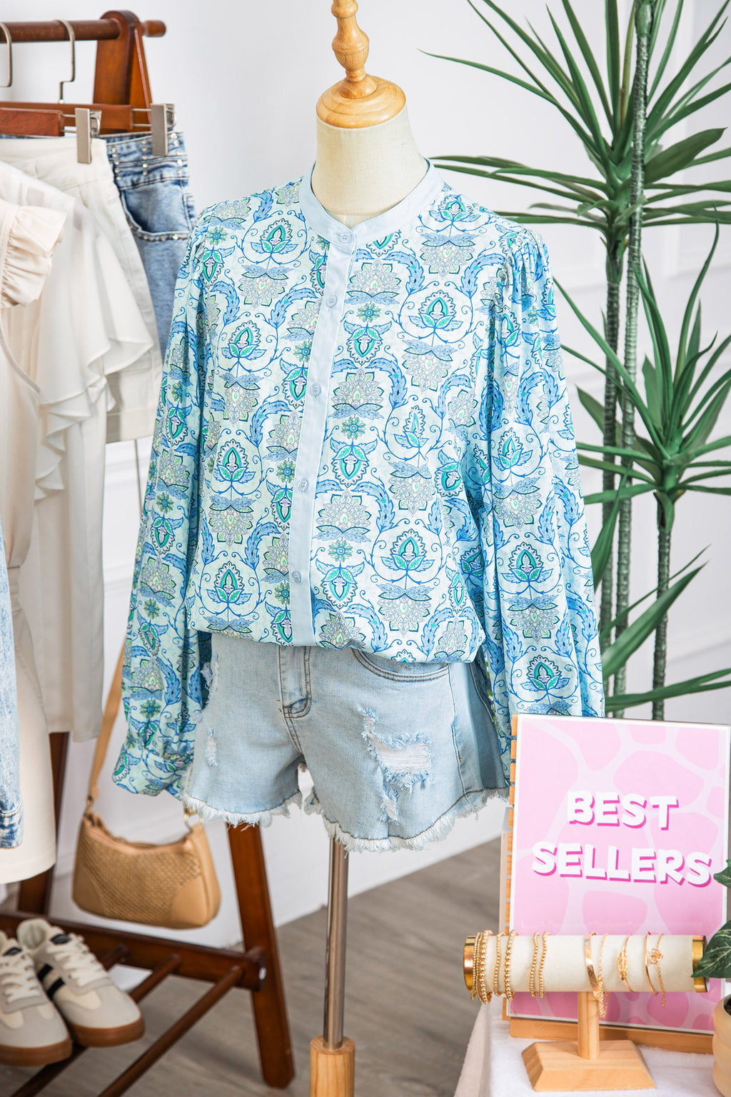 Paisley Long Puff Sleeve Buttoned Shirt