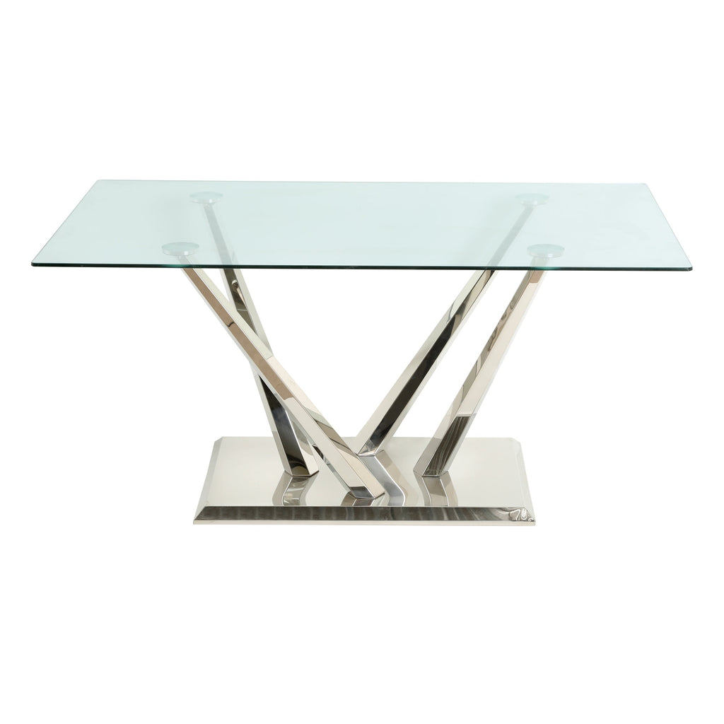 Modern style glass dining table, elegant transparent design, sturdy stainless steel base, Light gray dining chairs set, electroplated chair legs, suitable for dining room and kitchen (set of 7)