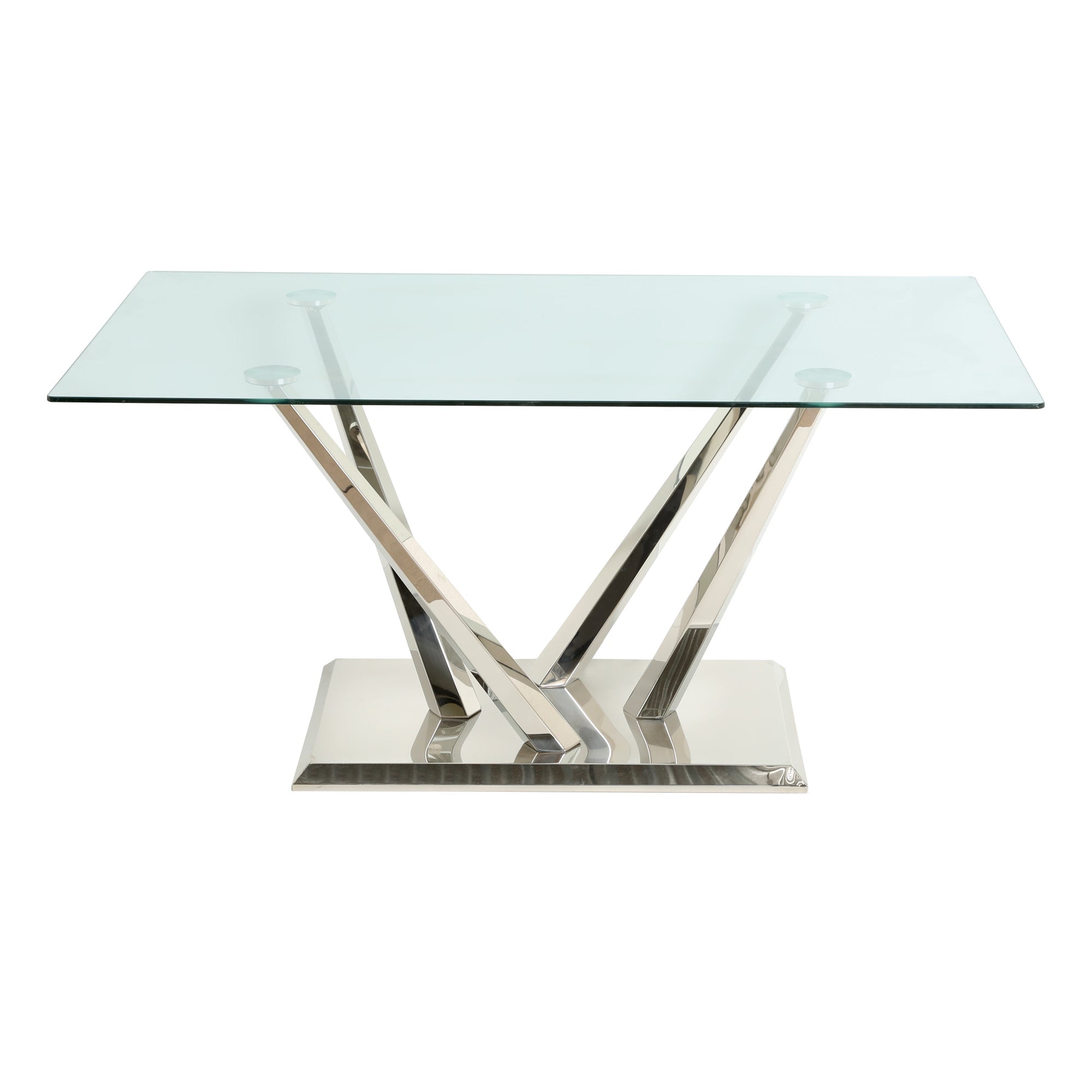 Modern style glass dining table, elegant transparent design, sturdy stainless steel base, white dining chairs set, electroplated chair legs, suitable for dining room and kitchen (set of 7)