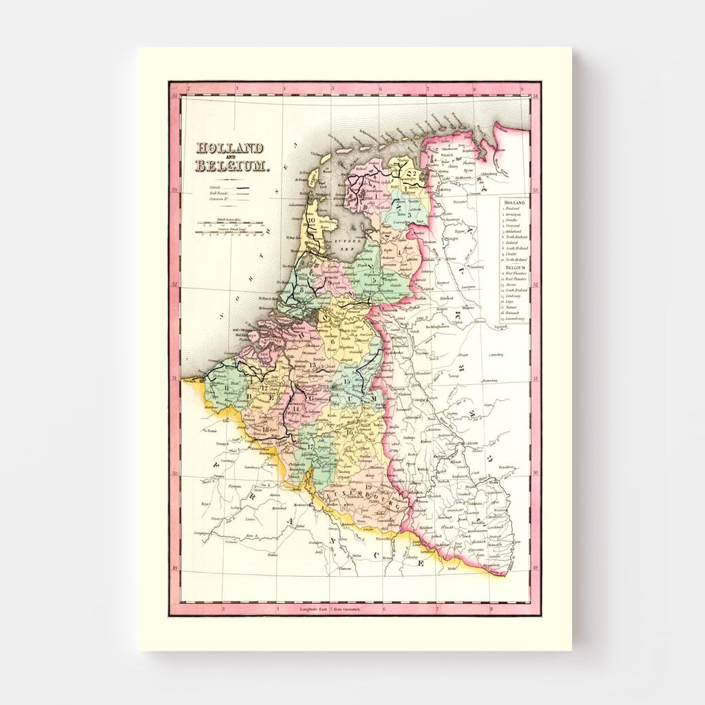 Vintage Map of Holland And Belgium 1836
