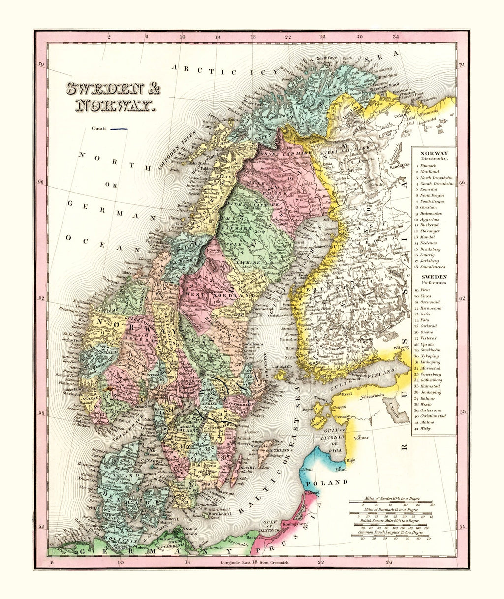 Vintage Map of Sweden & Norway 1836