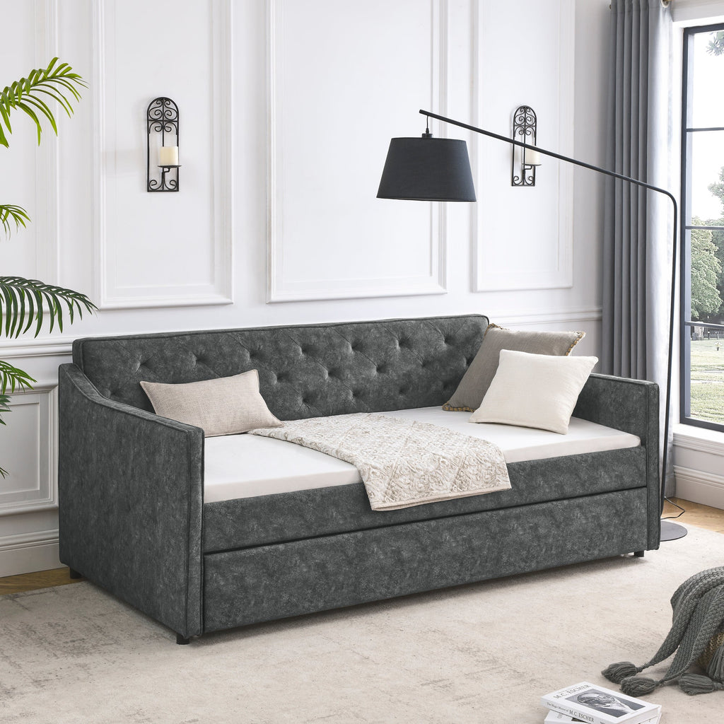 Twin Size Daybed with Twin Size Trundle Upholstered Tufted Sofa Bed,  Waved Shape Arms, Grey (80.5'x44.5'x33.5')