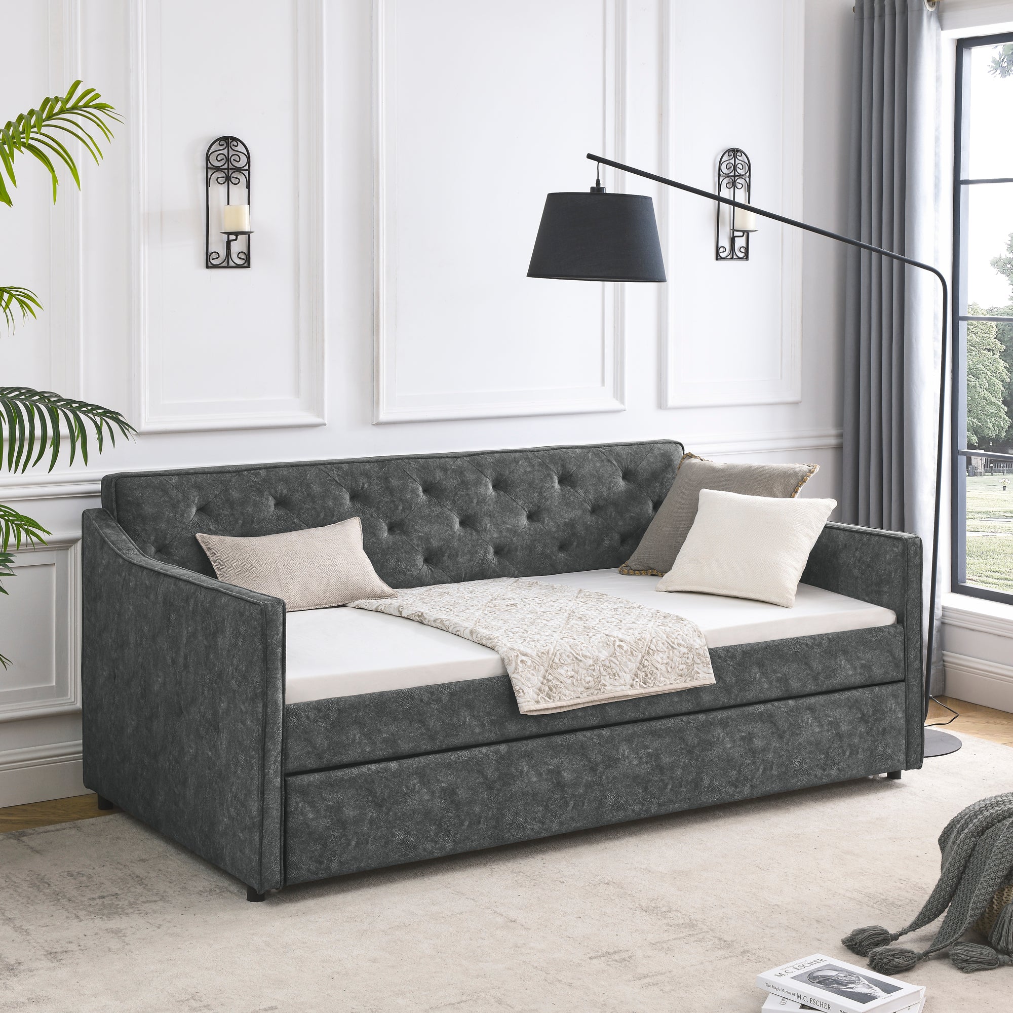 Twin Size Daybed with Twin Size Trundle Upholstered Tufted Sofa Bed,  Waved Shape Arms, Grey (80.5'x44.5'x33.5')