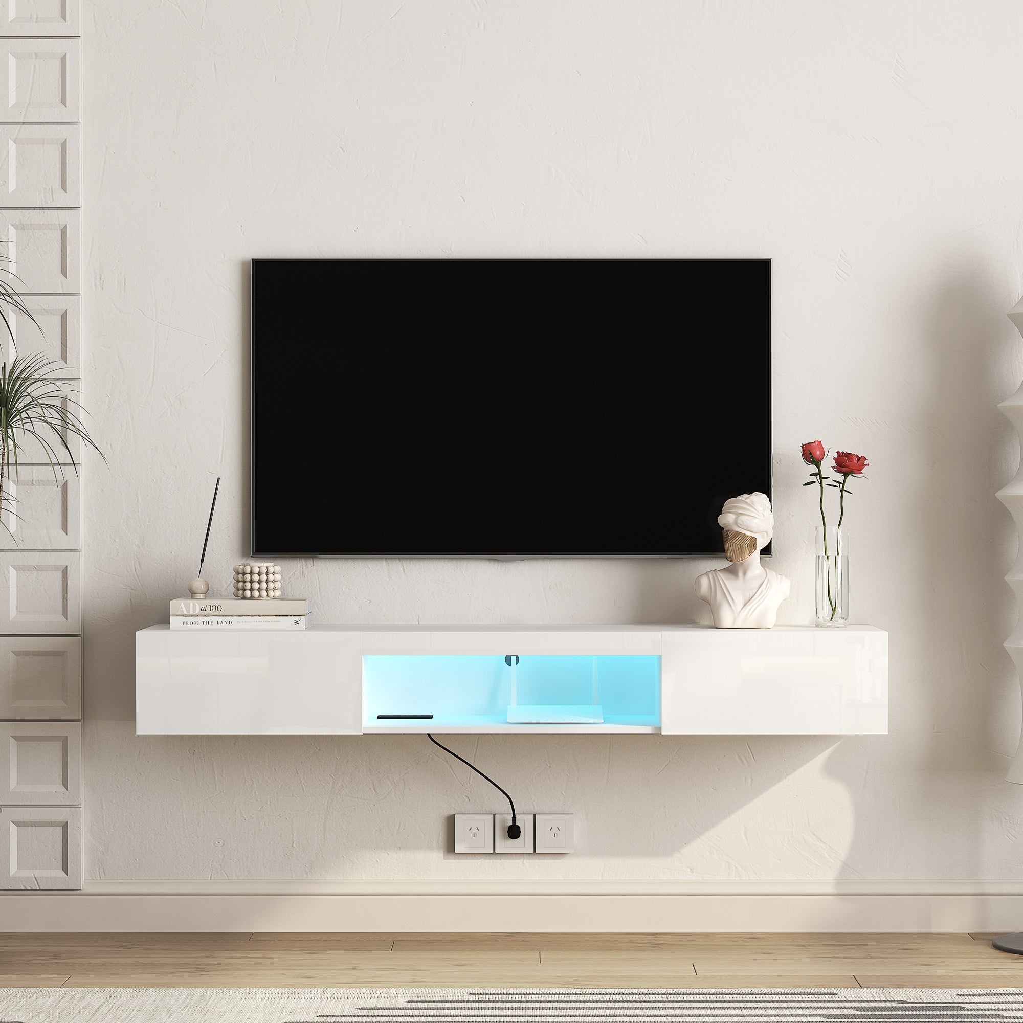 Floating TV Stand Wall Mounted with 16 Color LEDs,63' Modern TV Stand,Floating TV Cabinet Entertainment Center for 55 60 65 Inch TV,White