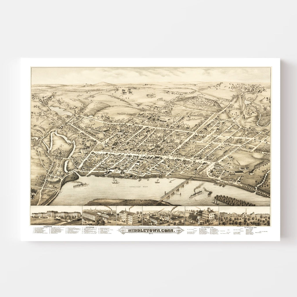 Vintage Map of Middletown, Connecticut 1877