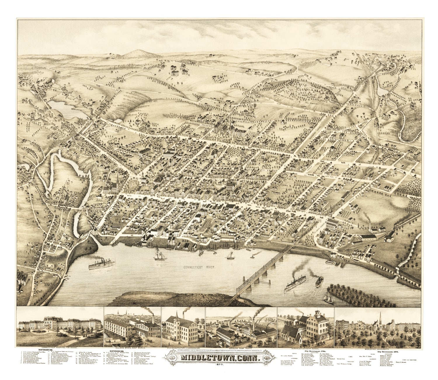 Vintage Map of Middletown, Connecticut 1877