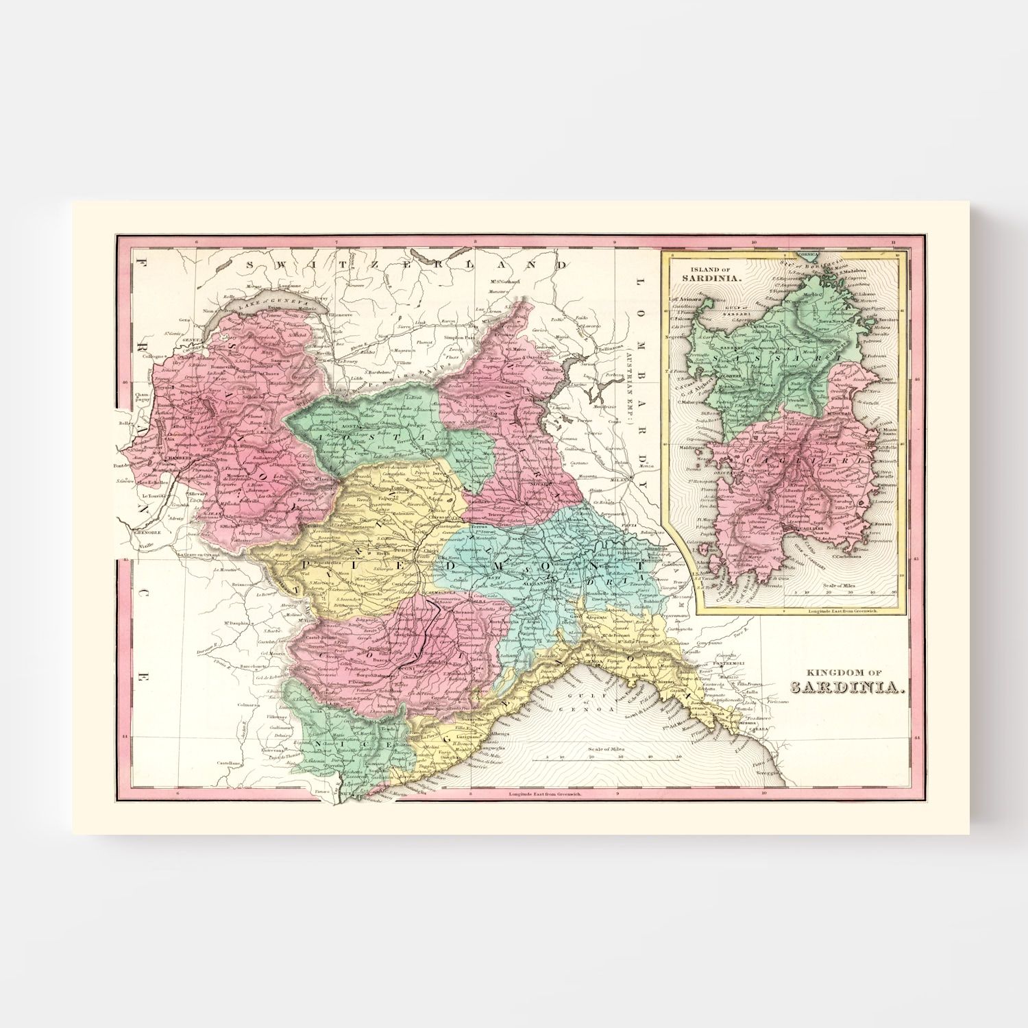 Vintage Map of Kingdom of Sardinia, 1842