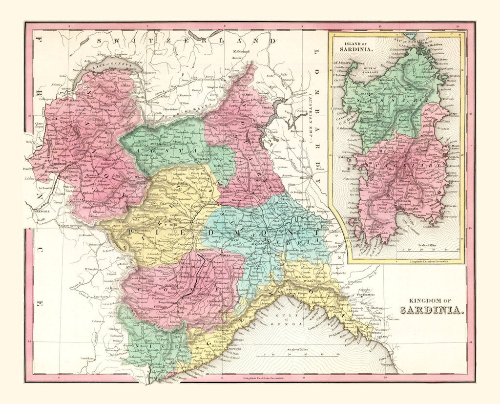 Vintage Map of Kingdom of Sardinia, 1842