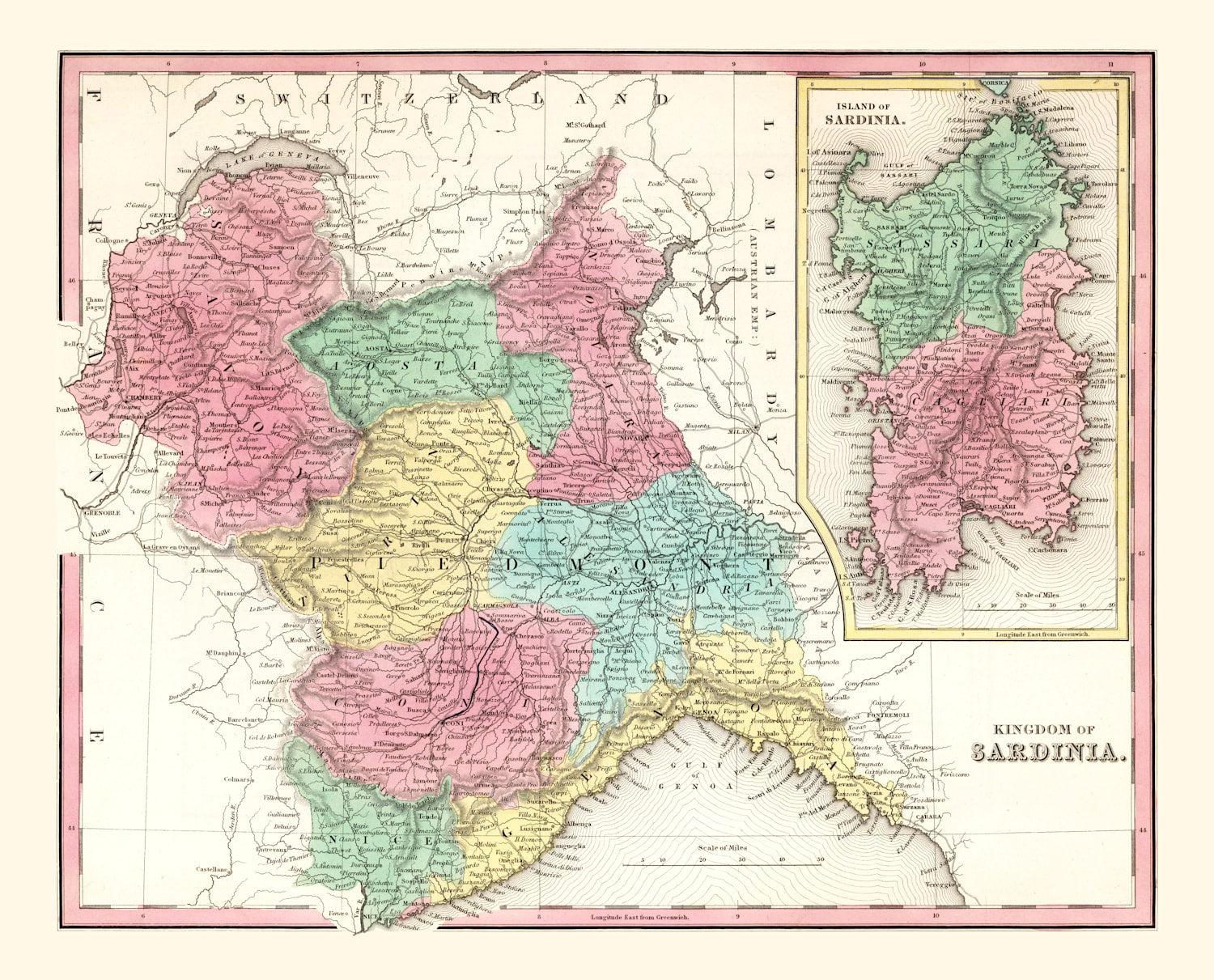 Vintage Map of Kingdom of Sardinia, 1842