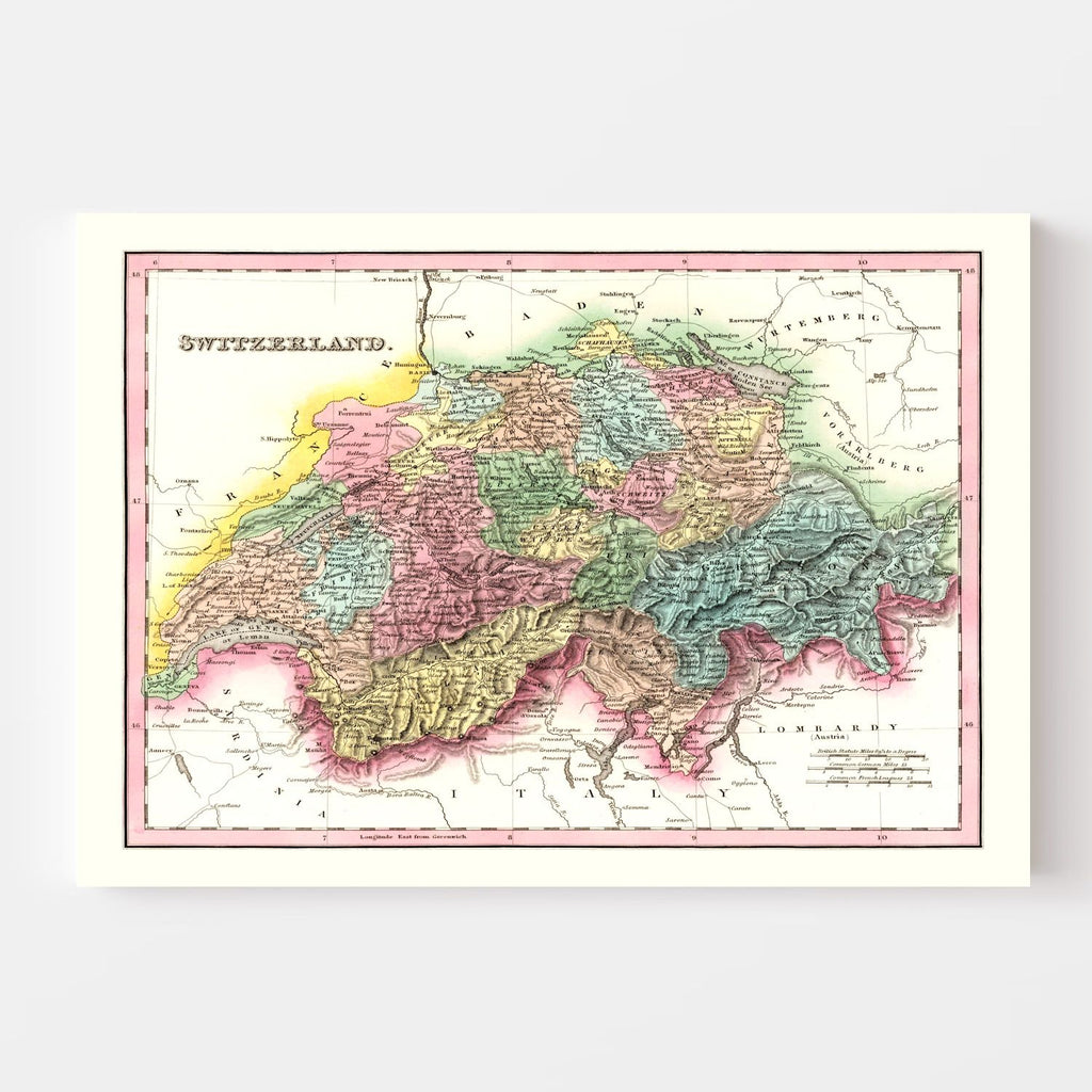 Vintage Map of Switzerland 1836