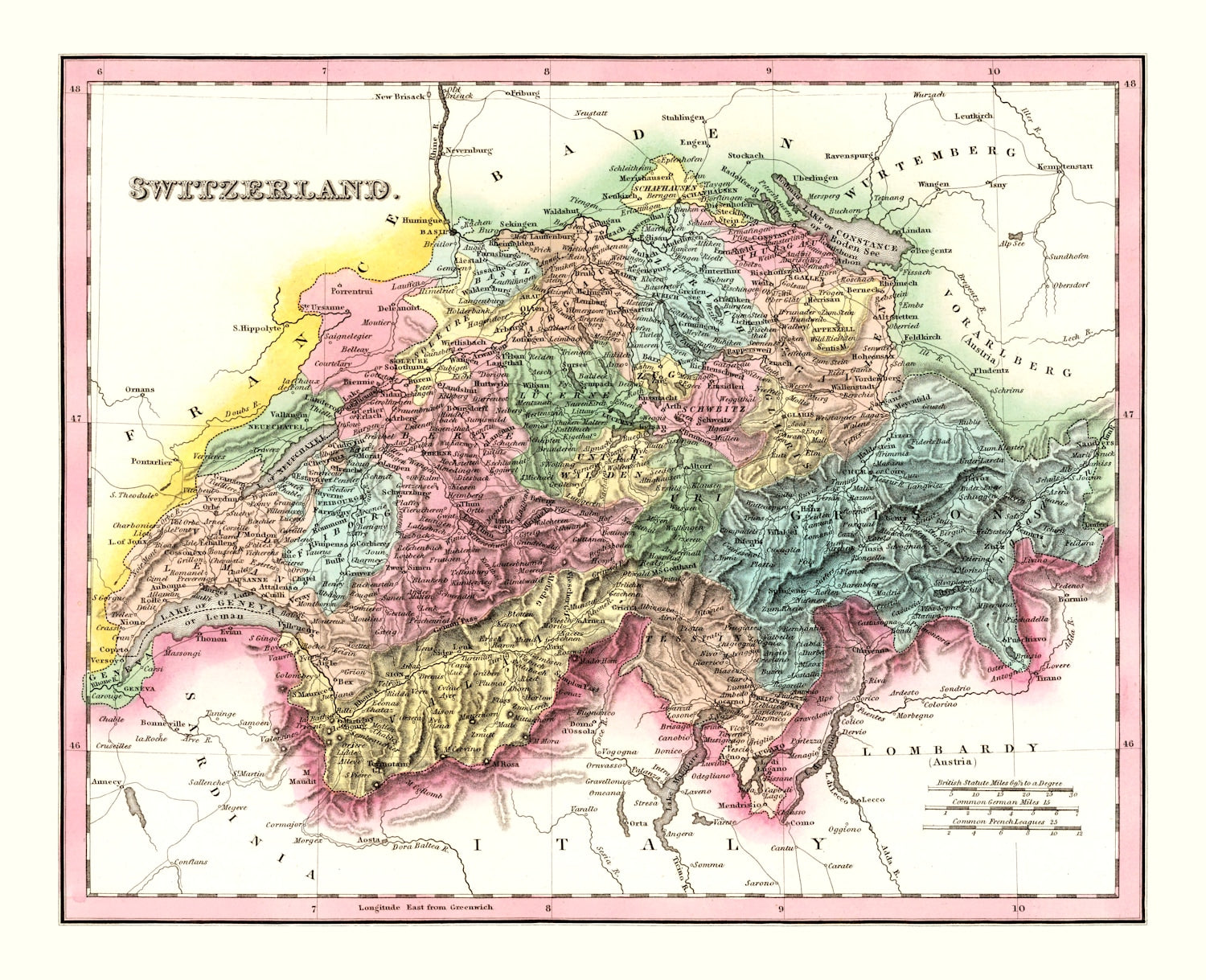 Vintage Map of Switzerland 1836