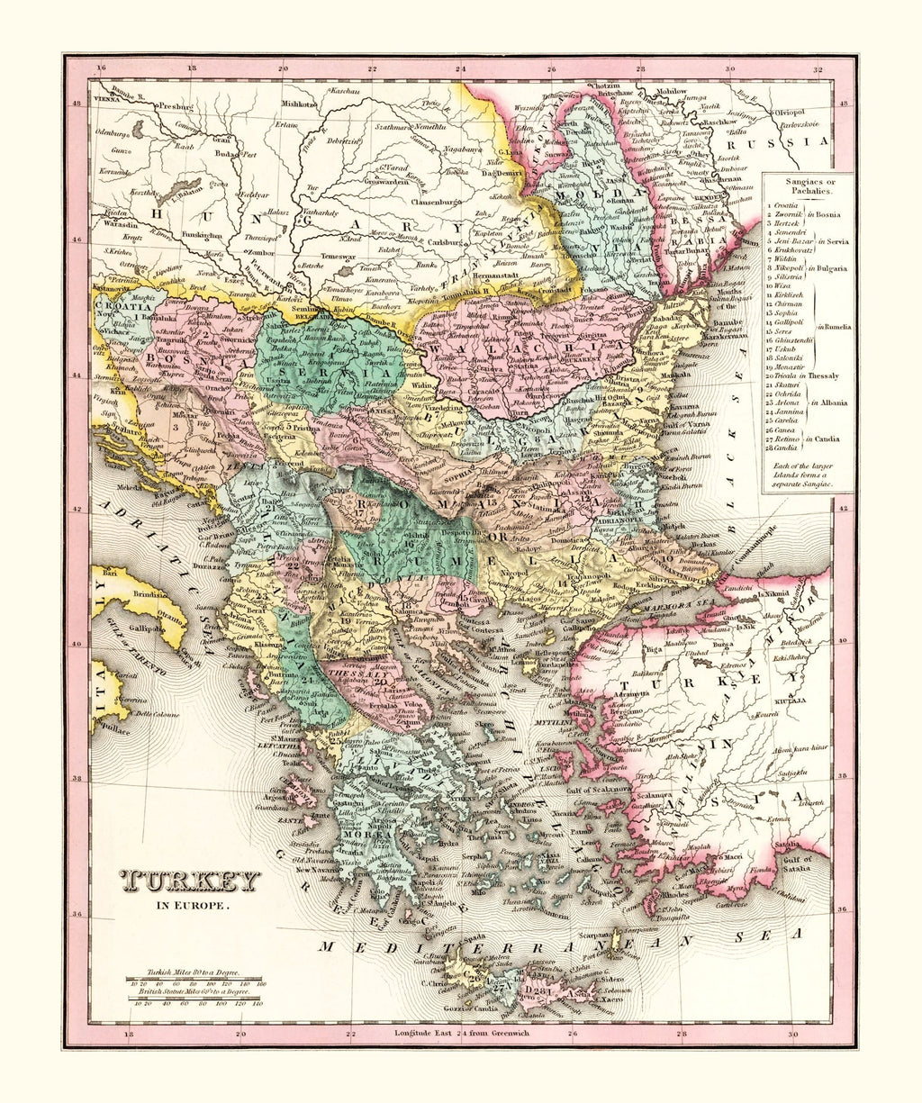 Vintage Map of Turkey (in Europe) 1836