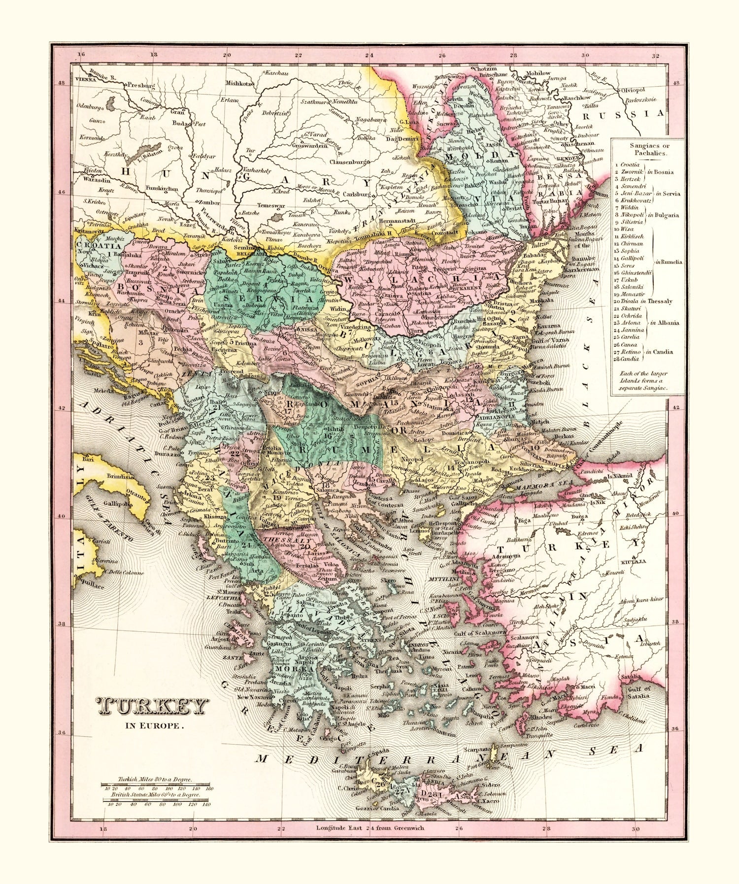 Vintage Map of Turkey (in Europe) 1836