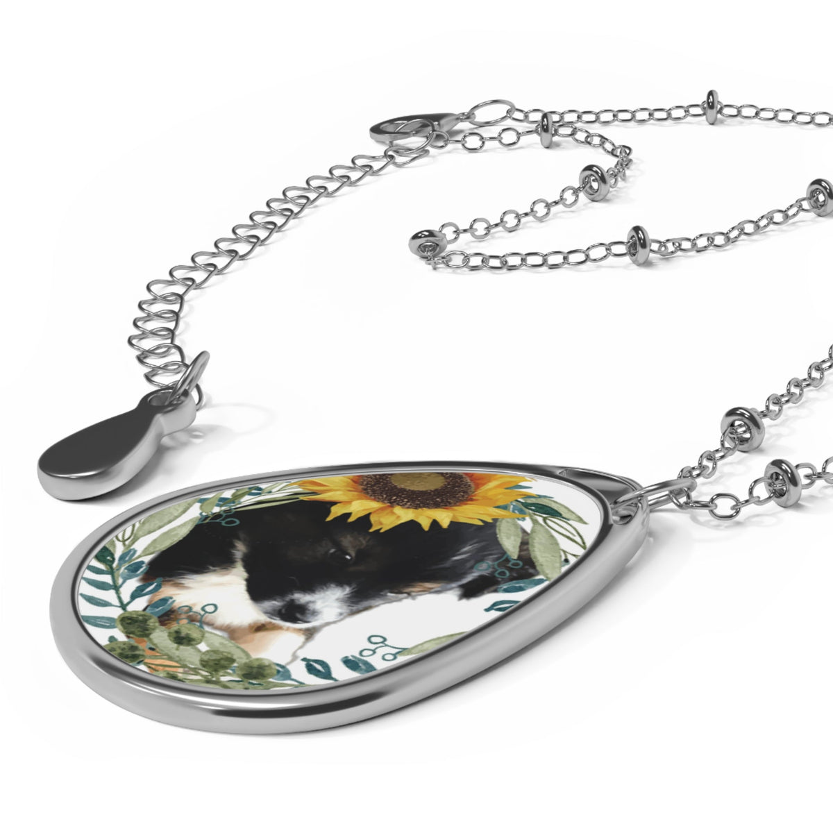 Cute Black Puppy with Sunflower Oval Necklace