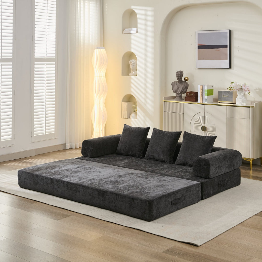 Comfy Convertible Folding Mattress Couch, Floor Sofa Bed, Chenille Floor Sofa with Armrest, Floor Sofa Lounge Couch for Living Room Bedroom Lounge Studio-Black