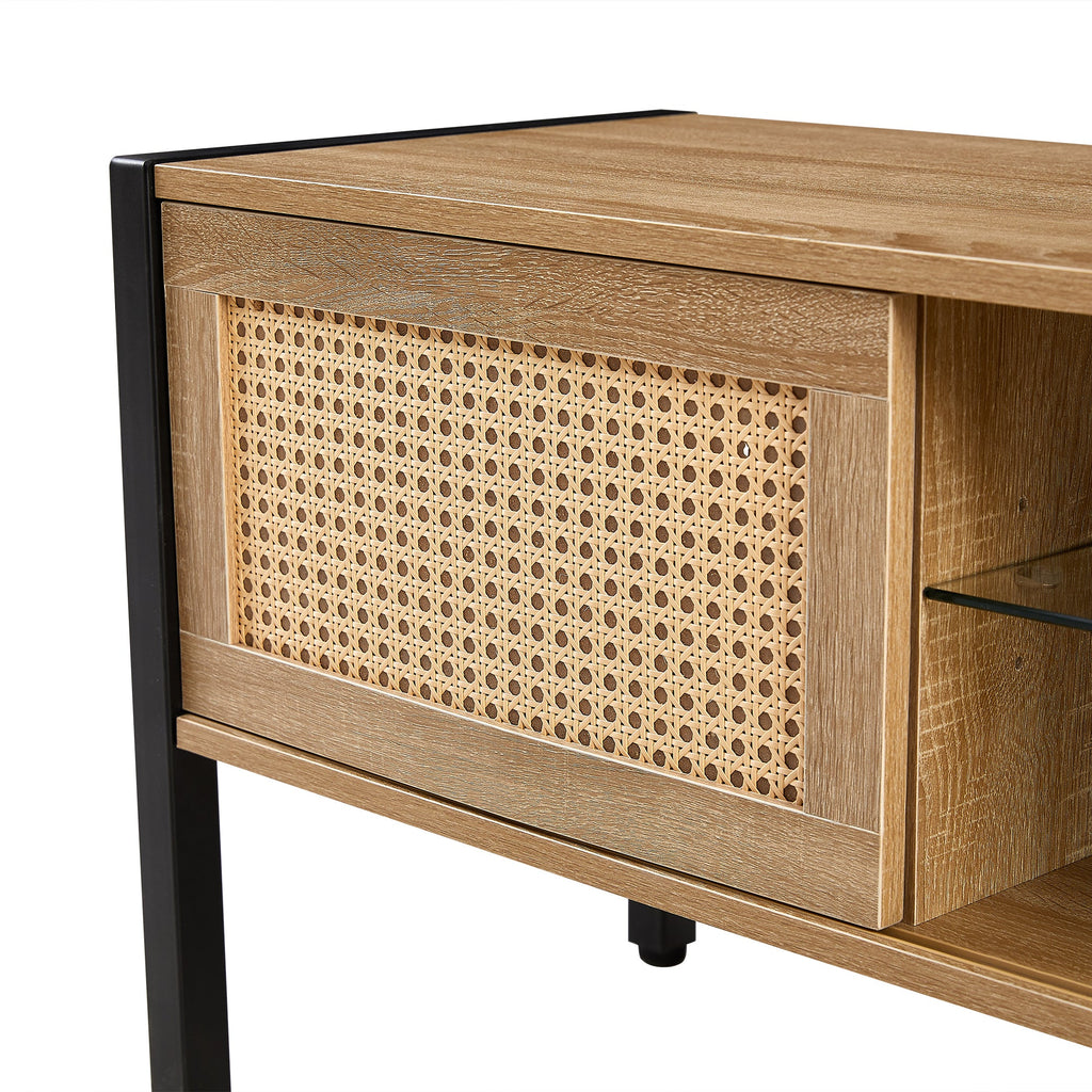 Natural Rattan TV Cabinet with Color Light Strip, Double Sliding Doors, Adjustable Shelf, Metal Legs, 54.33 Inches