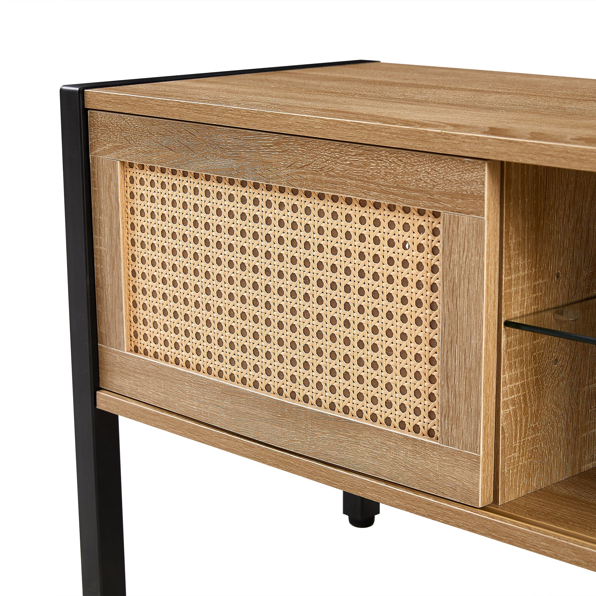 Natural Rattan TV Cabinet with Color Light Strip, Double Sliding Doors, Adjustable Shelf, Metal Legs, 54.33 Inches