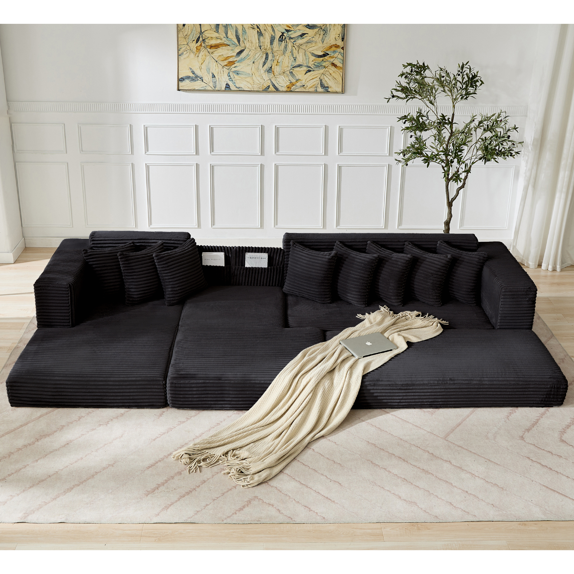[NEW ARRIVED] [VIDEO PROVIDED] Oversize Cloud Sectional Couch, L-Shape Sofa, Convertible Floor Sleeper Sofa Bed, No Assembly ,Eight pillows,3-in-1,Side Pocket,(Left Facing Sofa),3 Seat,Corduroy,Black