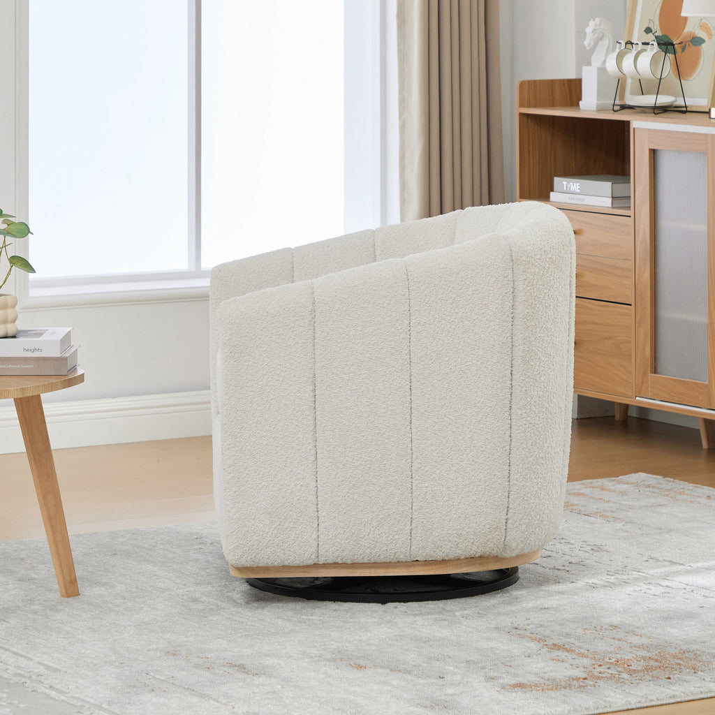 Modern Ivory Chenille Cushioned Metal Base Swivel Barrel Chair, 32.28' Wide Upholstered Tufted Pumpkin-Shape Club Armchair