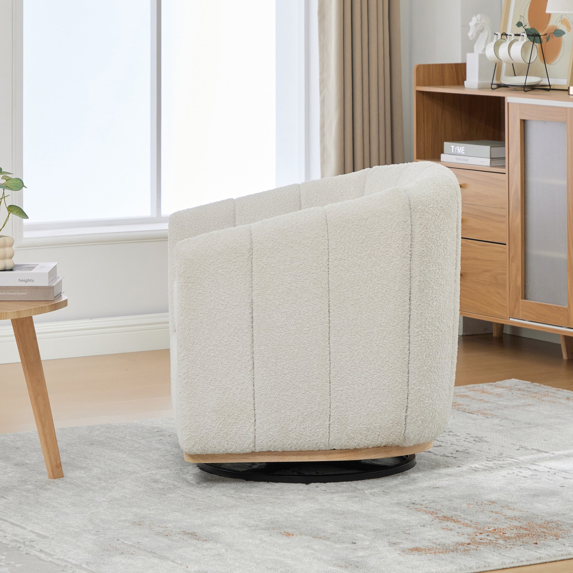 Modern Ivory Chenille Cushioned Metal Base Swivel Barrel Chair, 32.28' Wide Upholstered Tufted Pumpkin-Shape Club Armchair