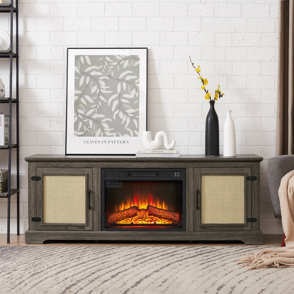 Natural Rattan Door Cabinet with Adjustable Shelf Wood, Farmhouse Rattan TV Stand Console Table for TVs up to 70 Inches, Storage tv stand with 23' fireplace insert, 65'W*15.55'D*23.86'H,GREY