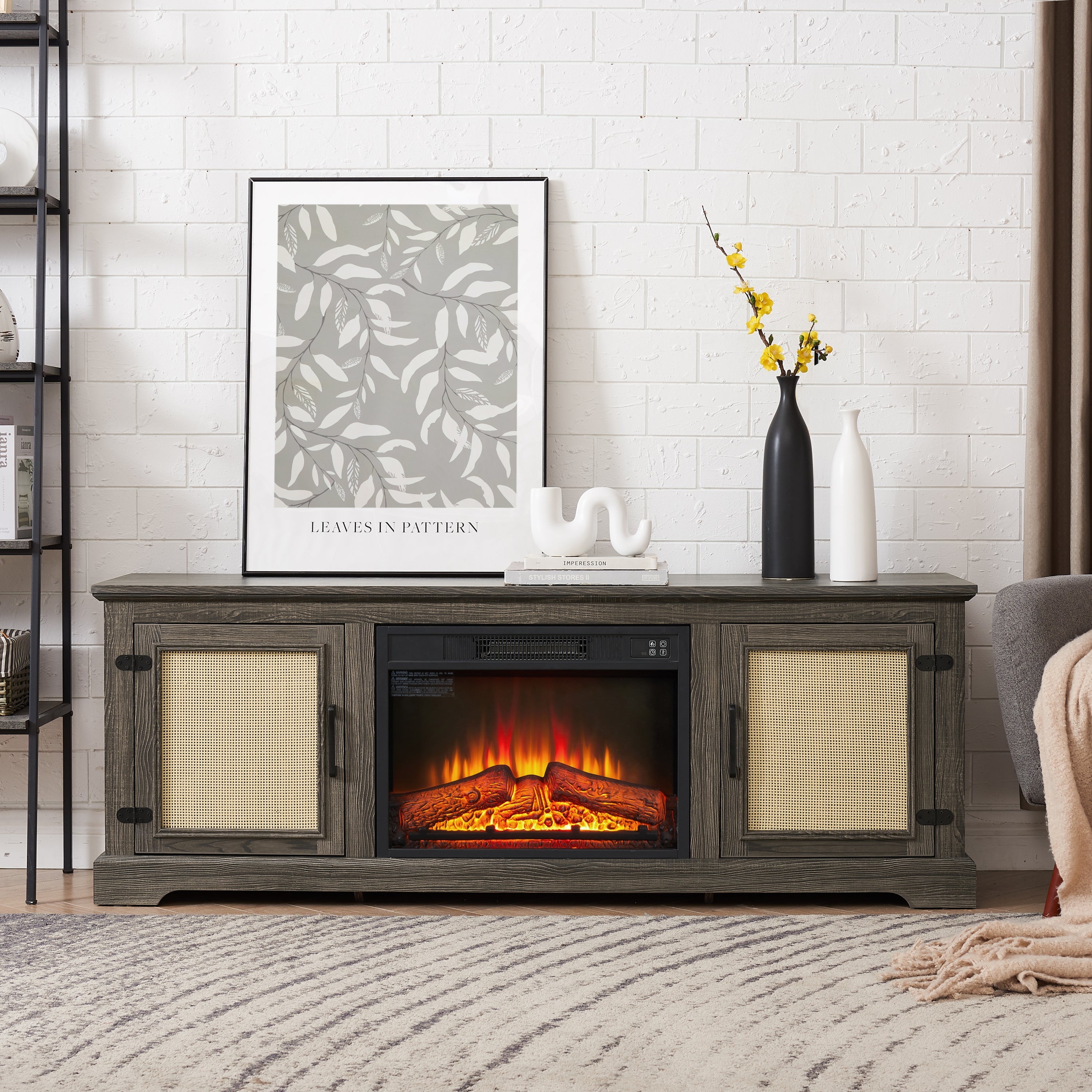 Natural Rattan Door Cabinet with Adjustable Shelf Wood, Farmhouse Rattan TV Stand Console Table for TVs up to 70 Inches, Storage tv stand with 23' fireplace insert, 65'W*15.55'D*23.86'H,GREY