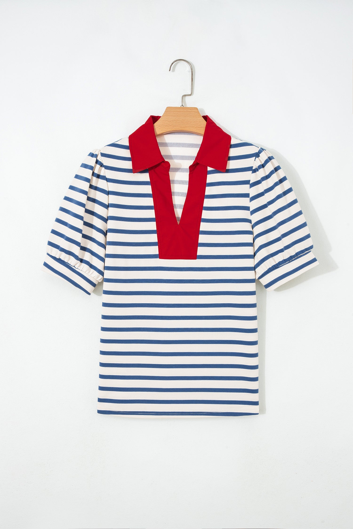 Stripe Colorblock Puff Sleeve Polo Collar Blouse
