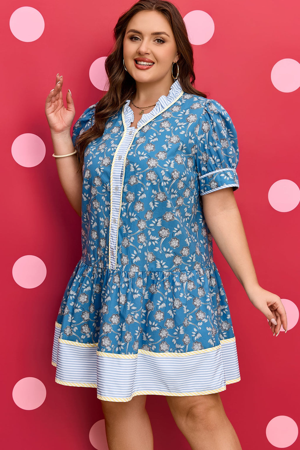 Plus Size Floral Stripe Patchwork Ruffle Dress