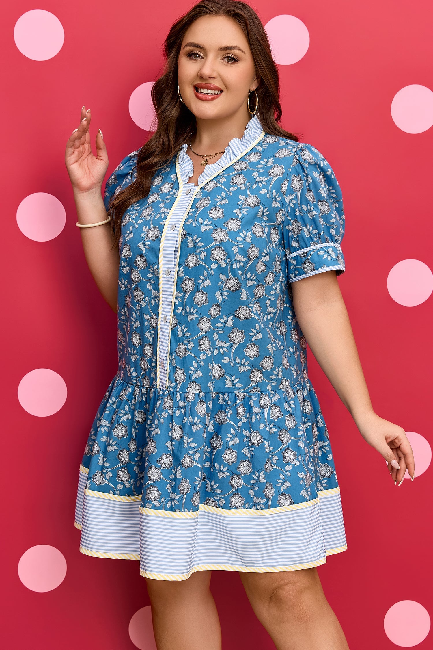 Plus Size Floral Stripe Patchwork Ruffle Dress