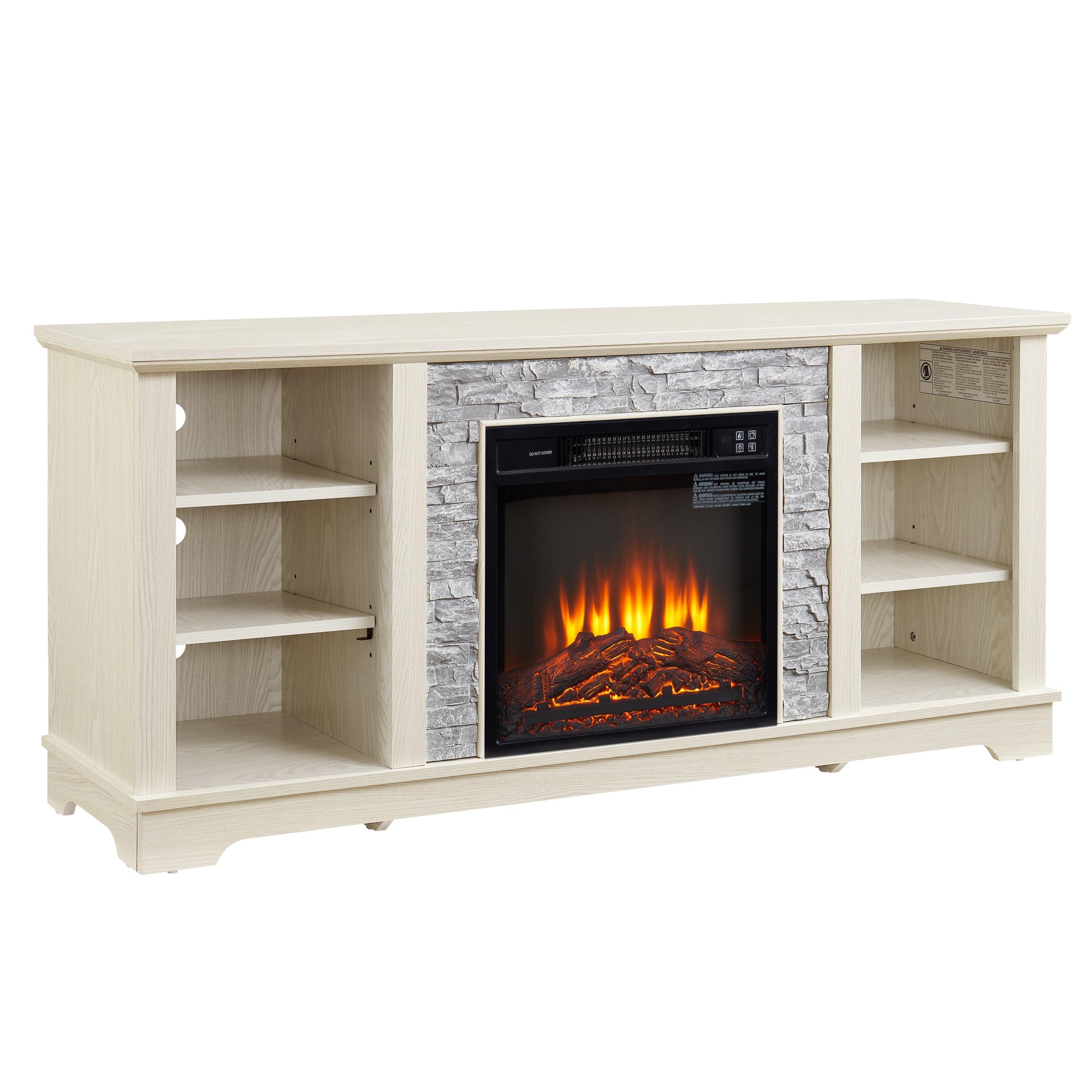 Mantel Electric Fireplace Stone TV Media Stand, Open Storage Modern Entertainment Console  Space with 18' Fireplace Insert, White, 58.31'W*15.39'D*26.06'H