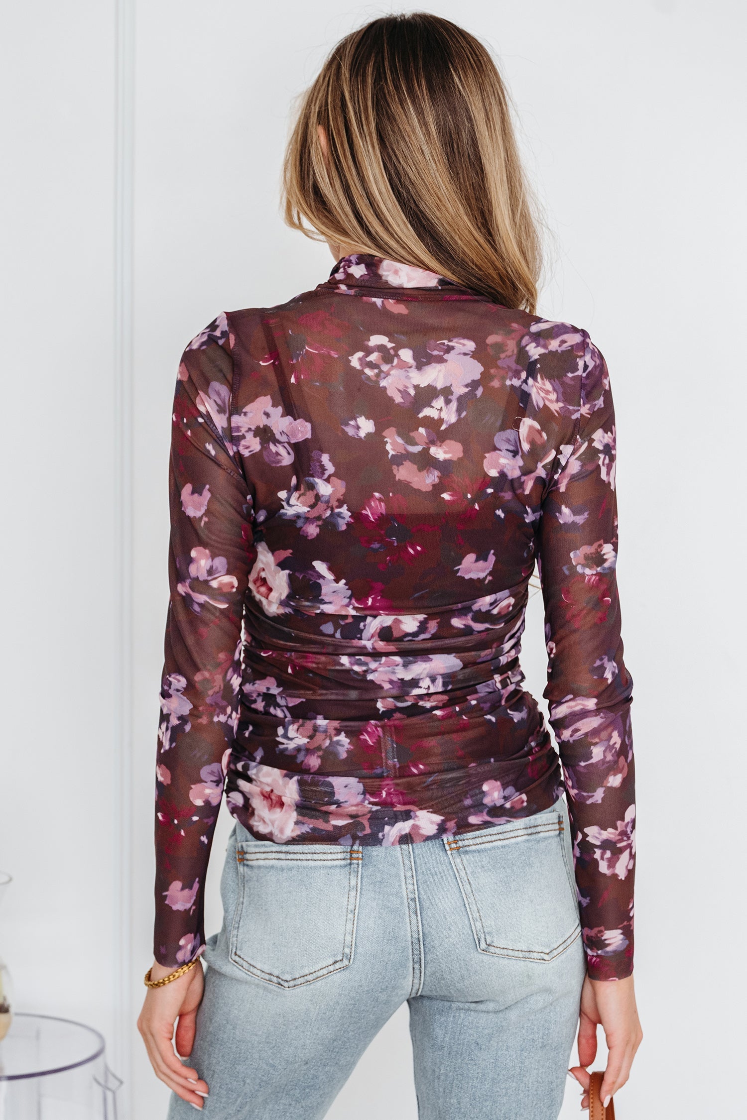 Floral Mesh Turtleneck Long Sleeve Ruched Top