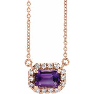 14K Rose Gold 6x4 mm Natural Amethyst & 1/5 CTW Natural Diamond Halo-Style 18" Necklace