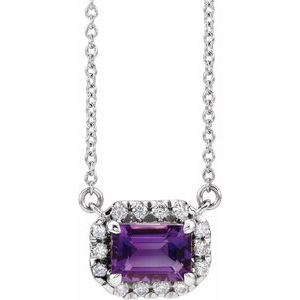 Platinum 5x3 mm Natural Amethyst & 1/8 CTW Natural Diamond Halo-Style 16" Necklace