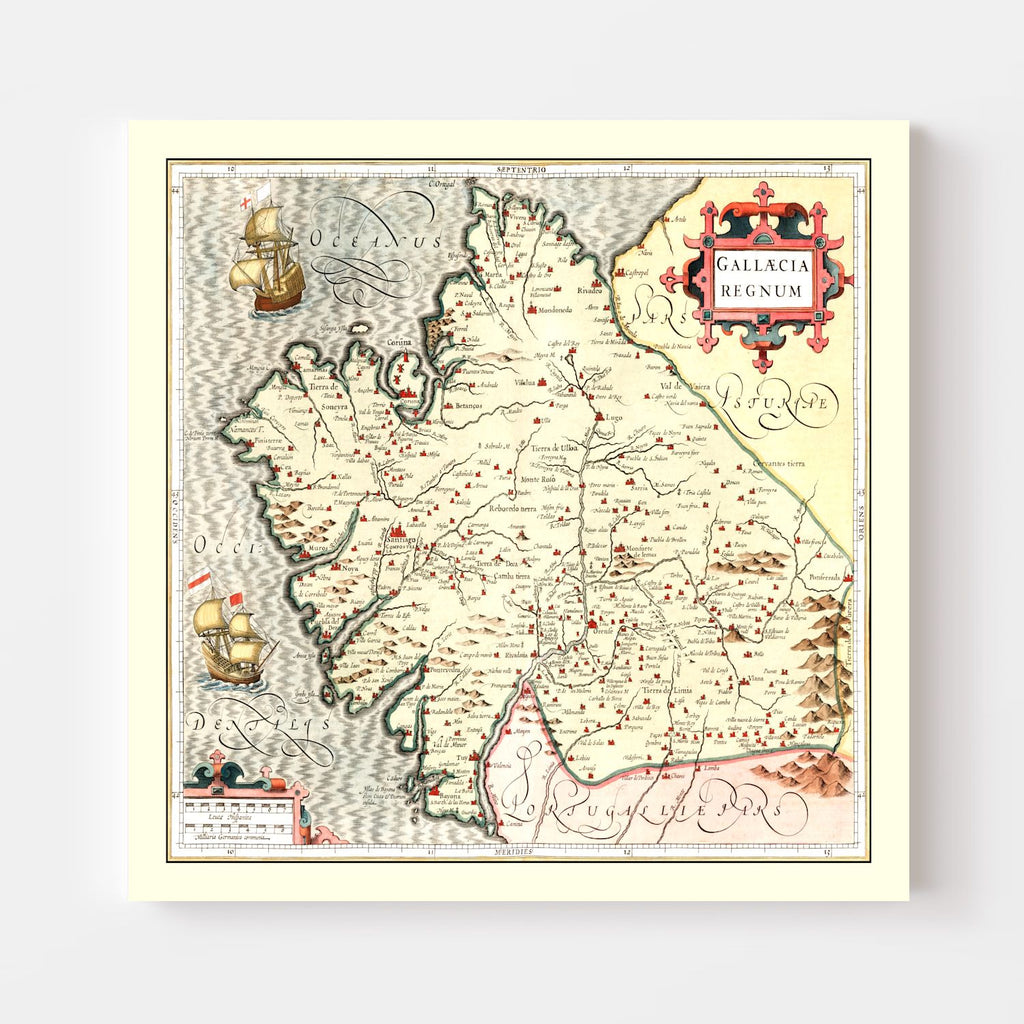 Vintage Map of Galicia Spain, 1623