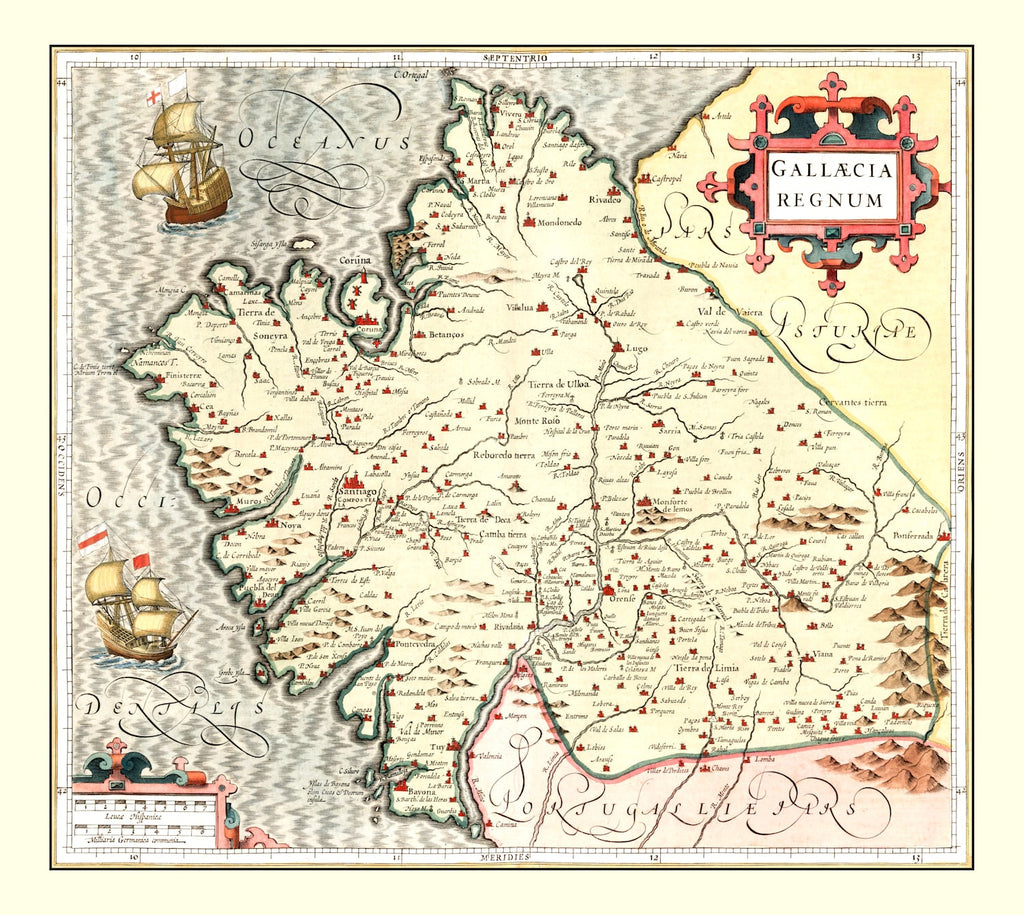 Vintage Map of Galicia Spain, 1623
