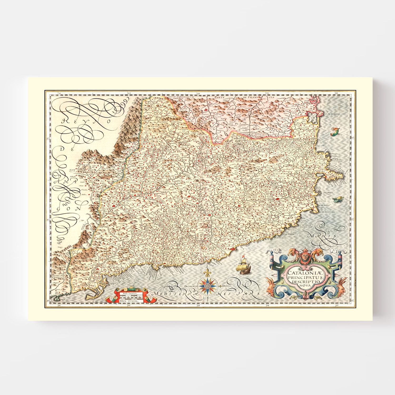 Vintage Map of Catalonia Spain , 1623